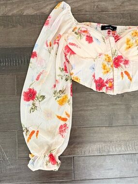 Anna Grace Floral Puff Sleeve Cropped Blouse Top Peach Boutique Corset Style M